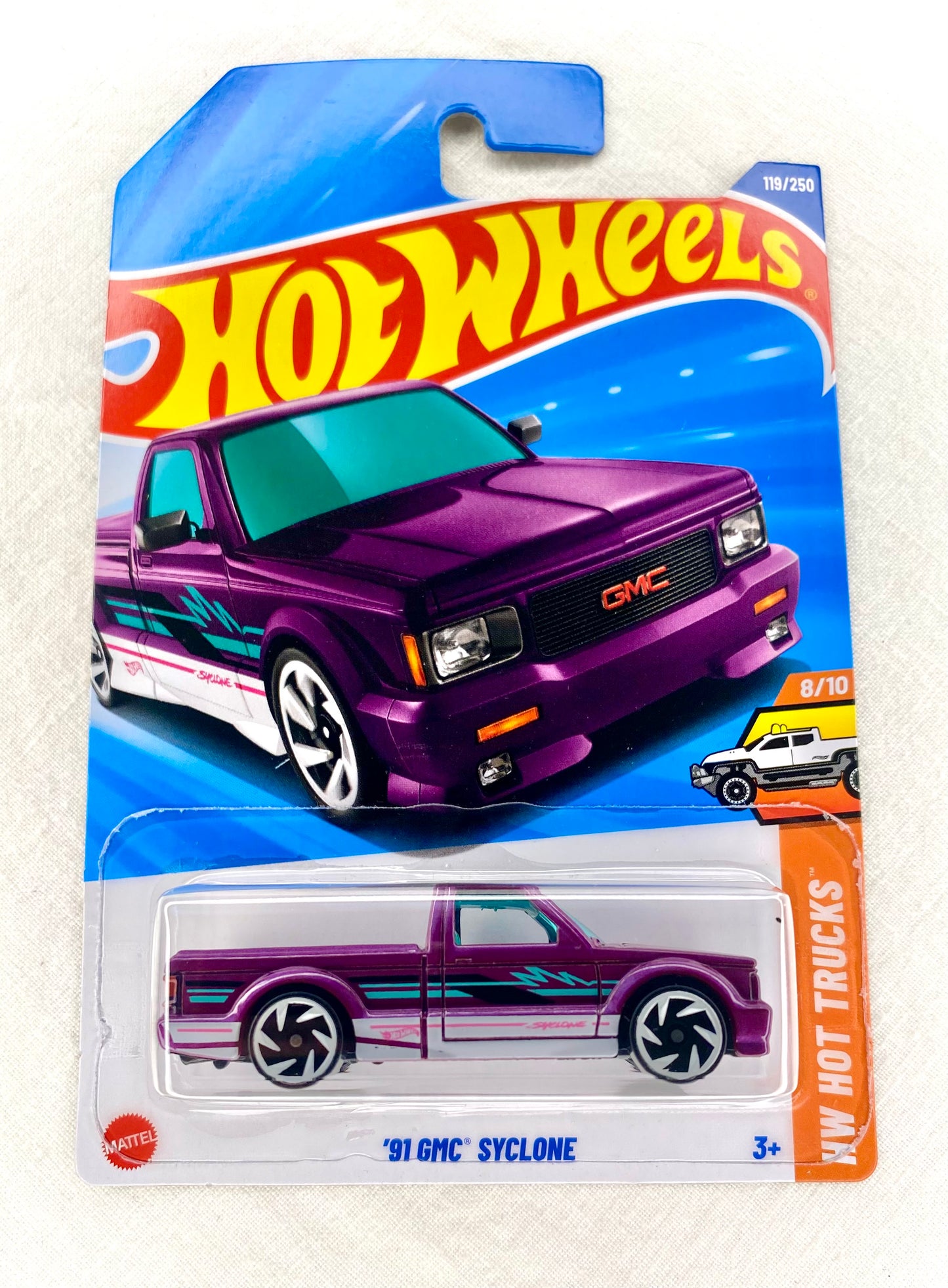 Hot Wheels ’91 GMC Syclone – HW Hot Trucks – 8/10 – Purple/Teal Lightning – Mint on Card