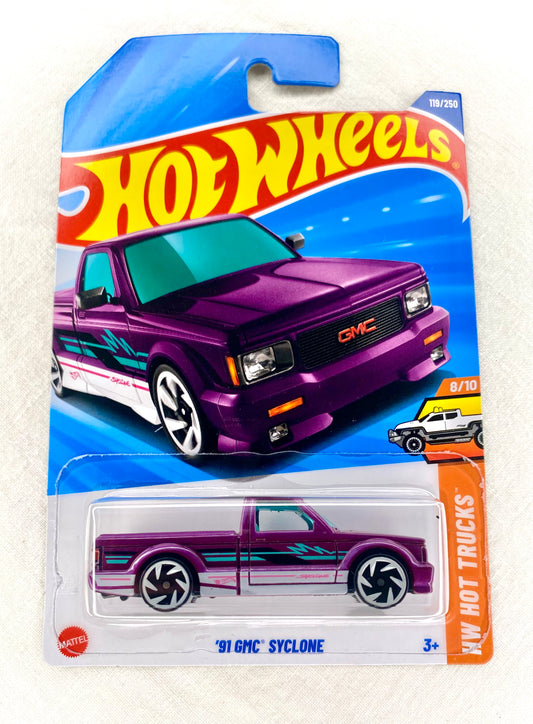 Hot Wheels ’91 GMC Syclone – HW Hot Trucks – 8/10 – Purple/Teal Lightning – Mint on Card