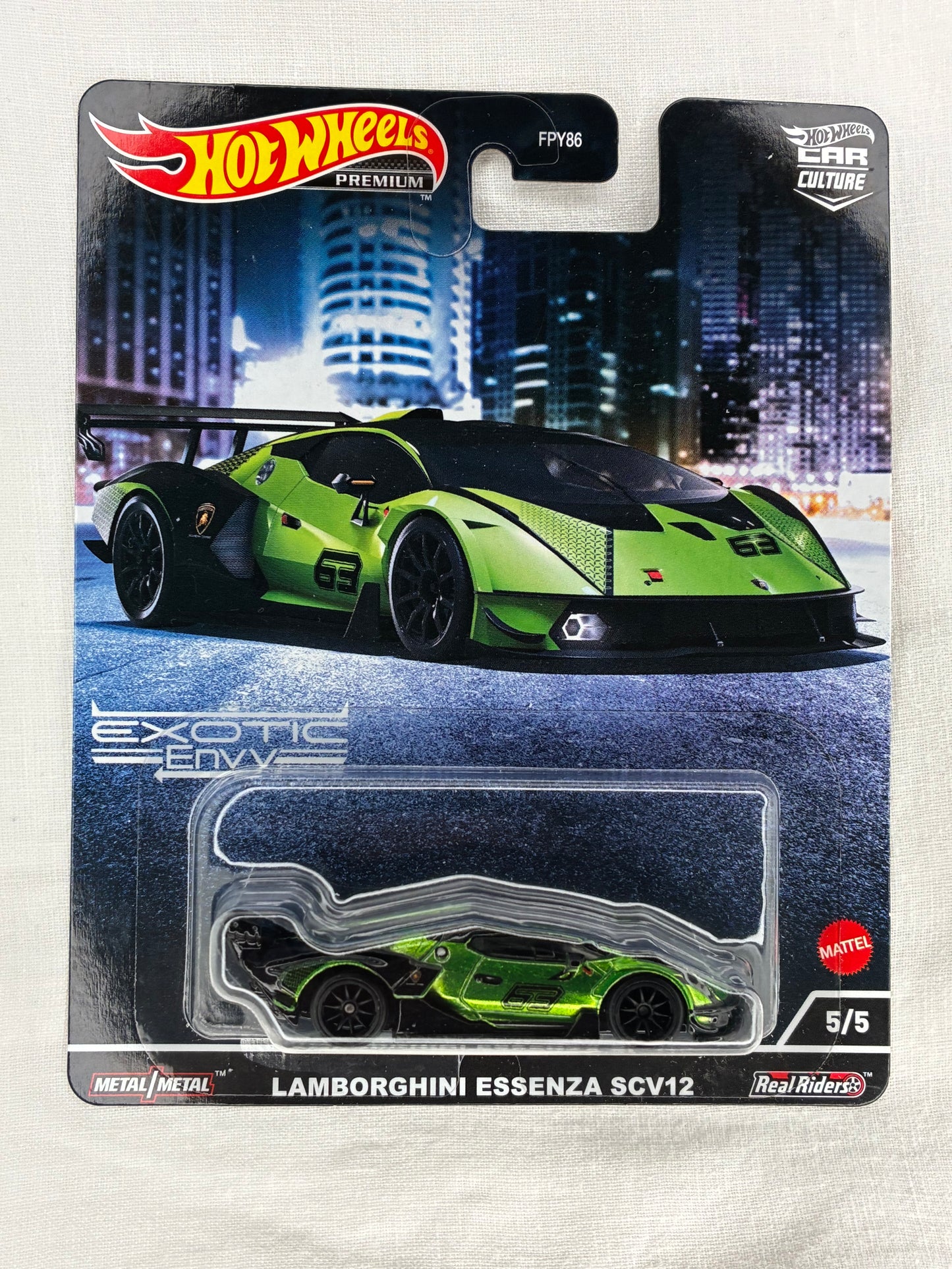 Hot Wheels Premium Lamborghini Essenza SCV12 – Exotic Envy 5/5 – Real Riders – Mint Card